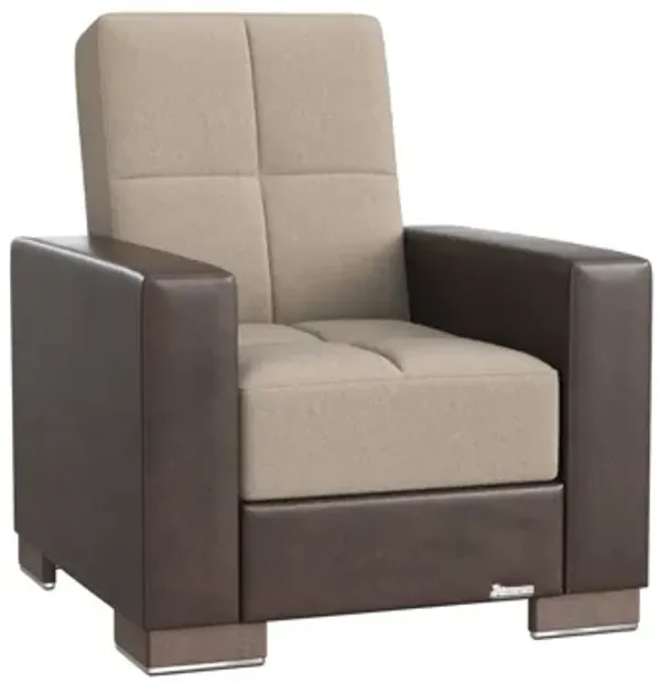 Tufted Fabric Faux Leather Convertible Chair - Beige And Brown
