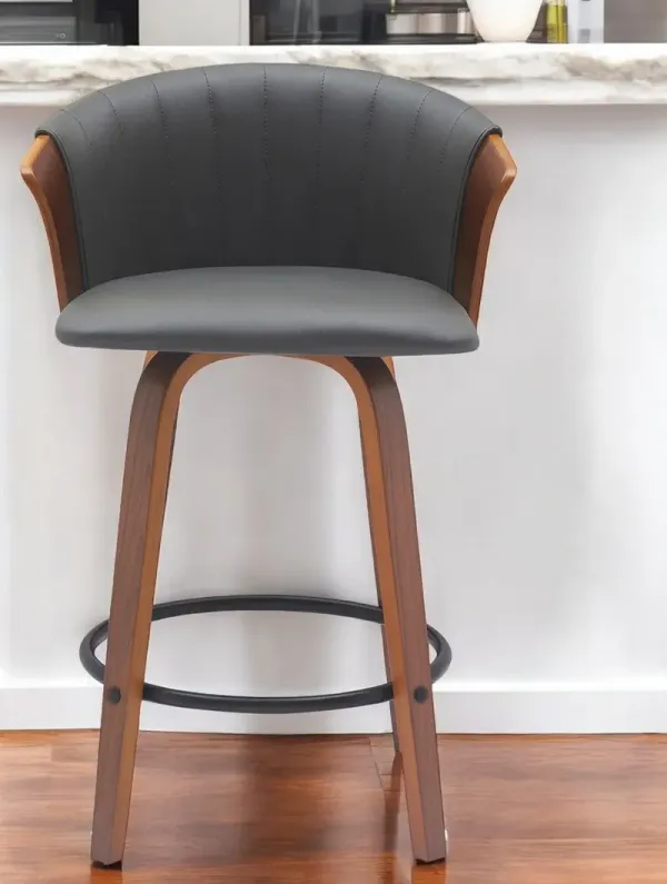 26" Faux Leather With Solid Wood Swivel Counter Height Bar Chair - Gray And Wood Brown
