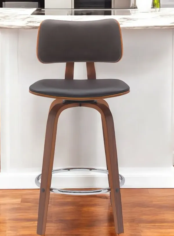 Faux Leather Swivel Low Back Counter Height Bar Chair - Brown And Wood Brown