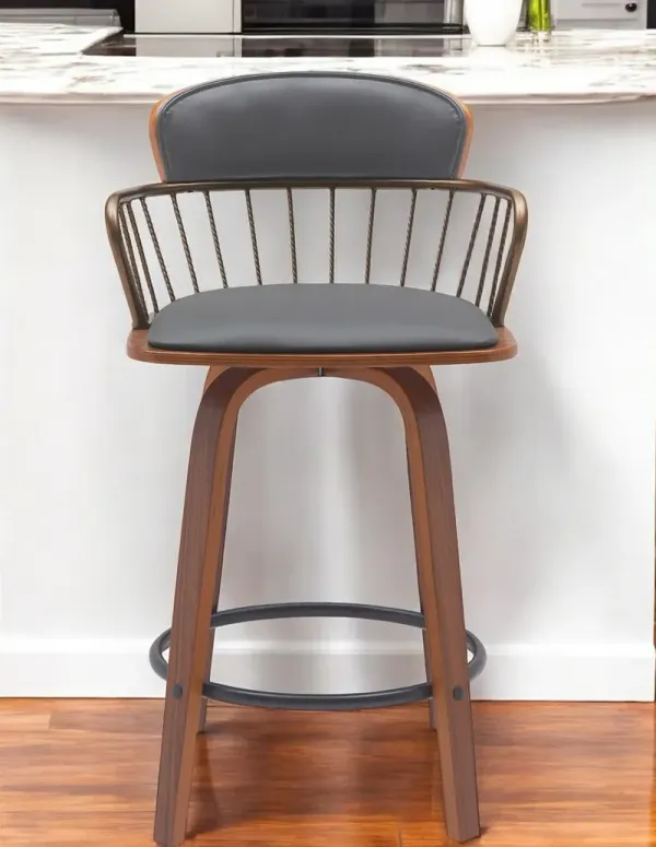 Faux Leather Swivel Low Back Counter Height Bar Chair - Gray And Wood Brown