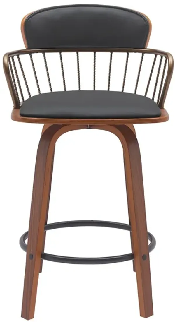 Faux Leather Swivel Low Back Counter Height Bar Chair - Black And Wood Brown