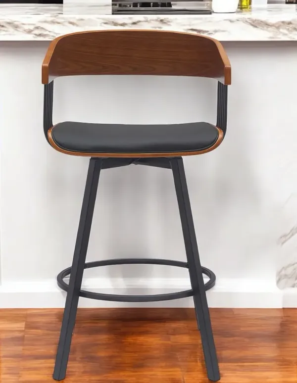 Faux Leather And Metal Swivel Low Back Counter Height Bar Chair - Black