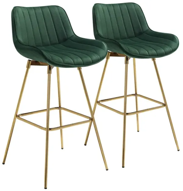 Velvet And Metal Swivel Low Back Bar Height Bar Chairs (Set of 2) - Green And Gold