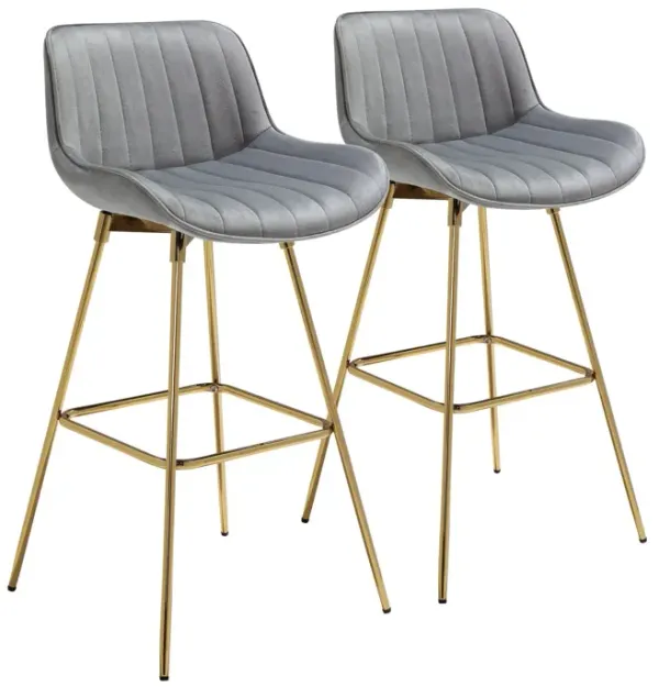 Velvet And Metal Swivel Low Back Bar Height Bar Chairs (Set of 2) - Gray And Gold