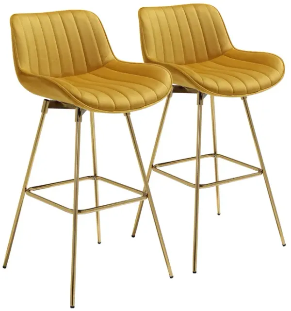 Velvet And Metal Swivel Low Back Bar Height Bar Chairs (Set of 2) - Yellow And Gold