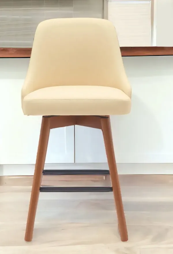 Faux Leather With Solid Wood Swivel Counter Height Bar Chair - Cream And Wood Brown