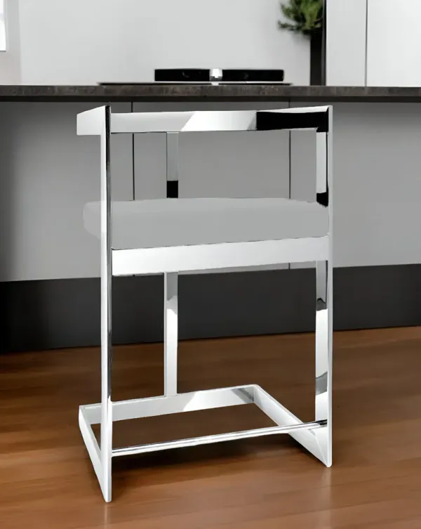 Velvet And Stainless Steel Low Back Counter Height Bar Chair - Gray And Silver