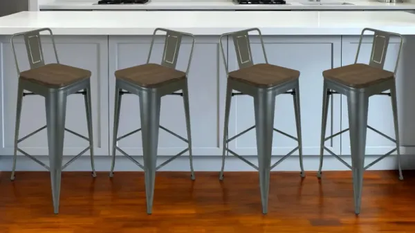 Solid Wood And Metal Low Back Bar Height Bar Chairs (Set of 4) - Brown And Gunmetal