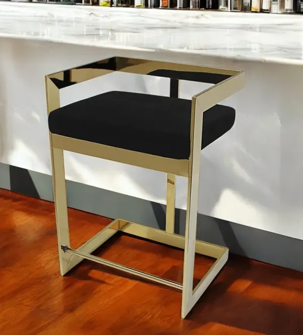 Velvet And Stainless Steel Low Back Bar Height Bar Chair - Black And Gold