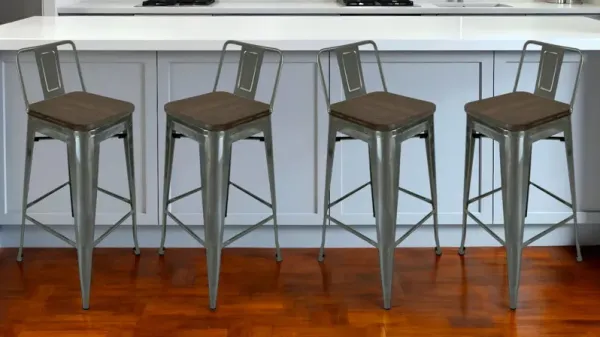 Solid Wood And Metal Low Back Bar Height Bar Chairs (Set of 4) - Brown And Gray