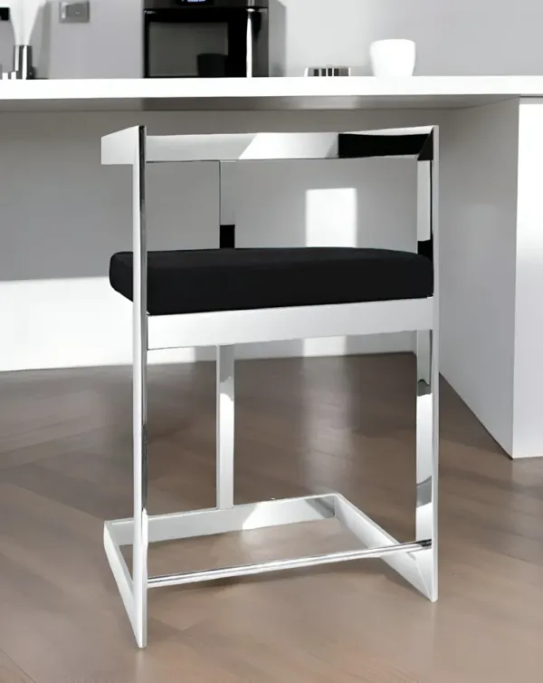 Velvet And Stainless Steel Low Back Counter Height Bar Chair - Black And Silver
