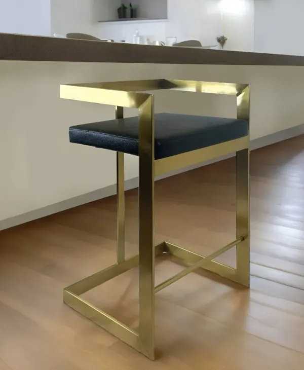 26" Faux Leather And Stainless Steel Low Back Counter Height Bar Chair - Black And Gold