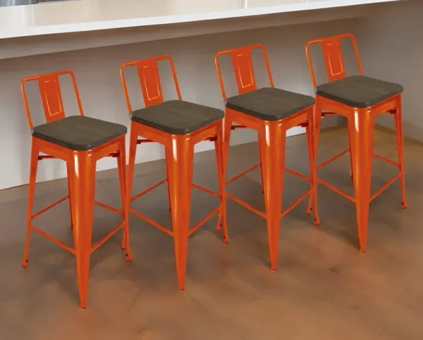 Wood And Steel Low Back Bar Height Bar Chairs (Set of 4) - Brown And Orange