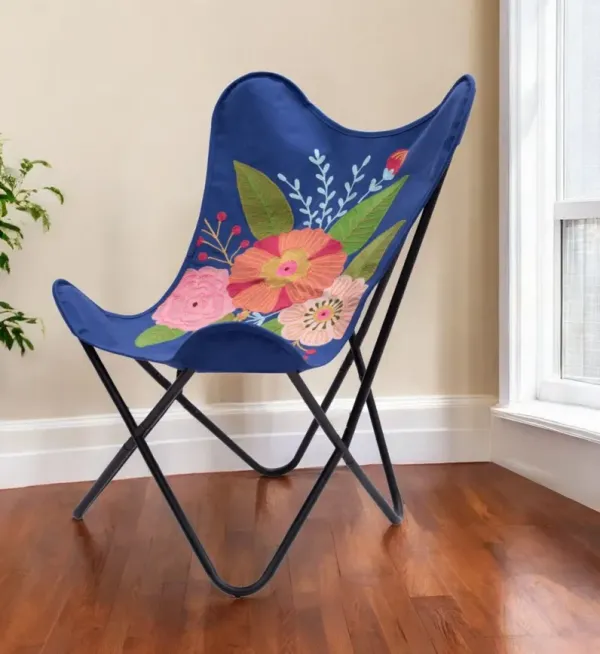 Tropical Oversized Flowers Butterfly Chair - Blue And Black