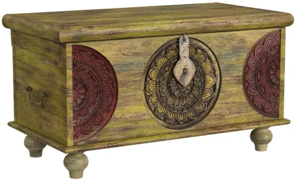Mesa Carved Wooden Trunk Coffee Table - Green and Red