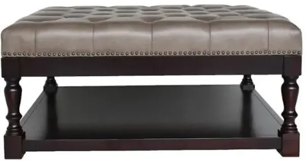 Leather And Solid Wood Coffee Table With Shelf - Gray And Dark Brown