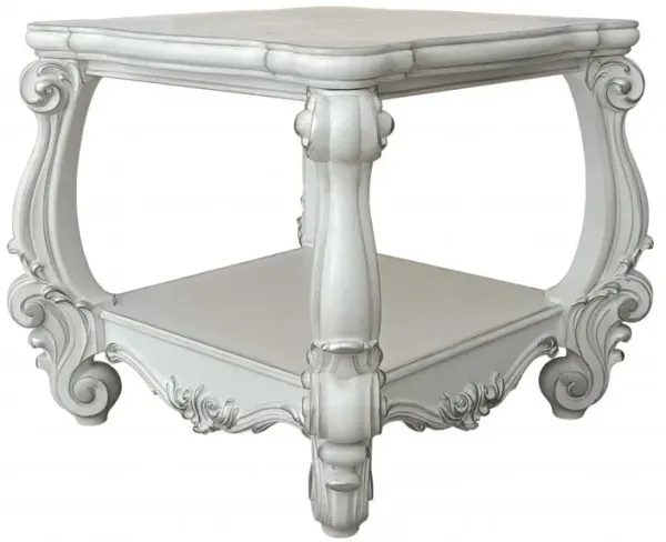 Manufactured Wood Square Scroll End Table With Shelf - Antiqued White