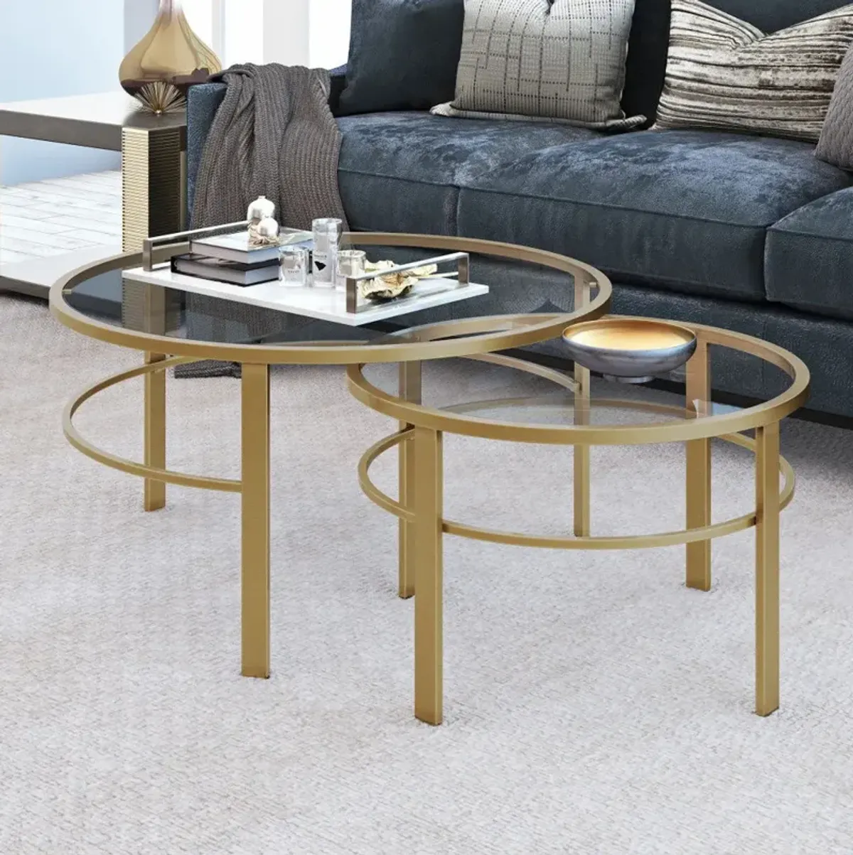 Glass And Steel Round Nested Coffee Tables (Set of 2) - Gold