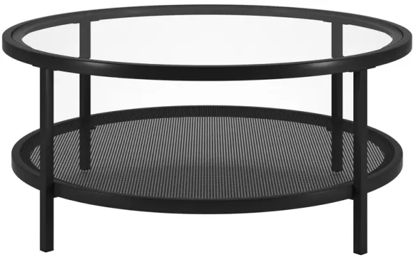 36" Glass And Steel Round Coffee Table With Shelf - Black