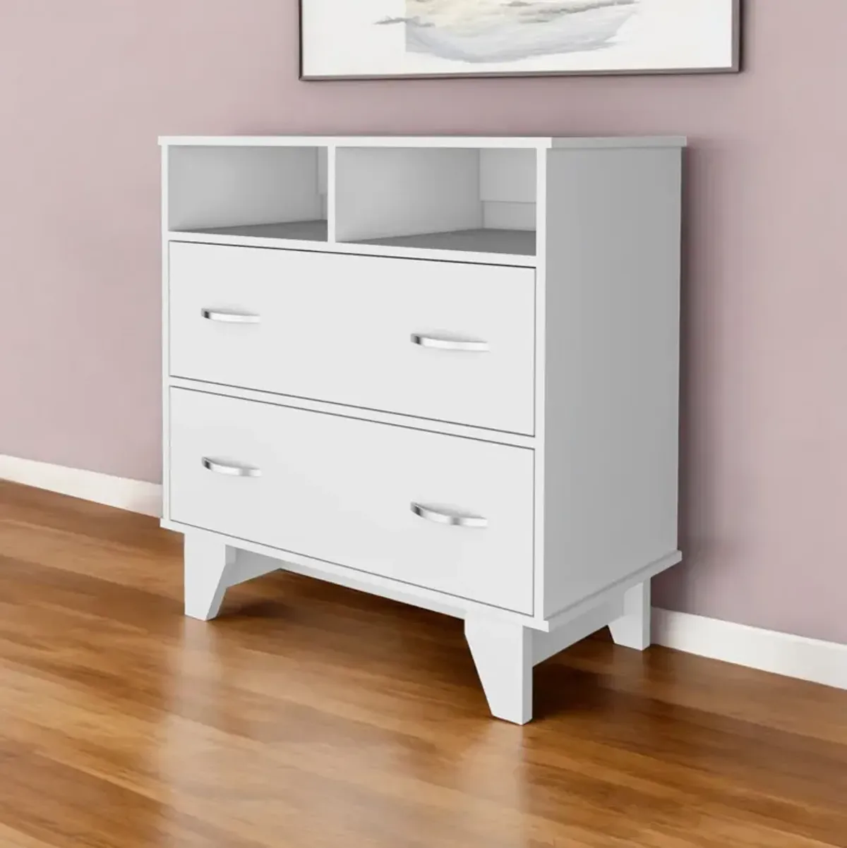 Two Drawer Dresser With Open Shelving - White