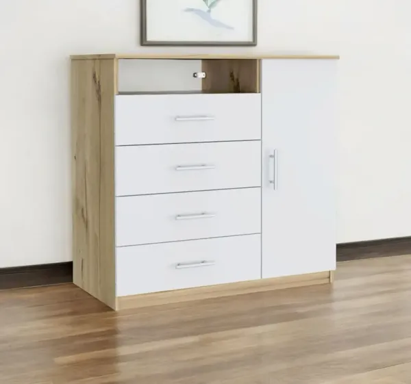 Four Drawer Combo Dresser With Open Shelf - White And Natural