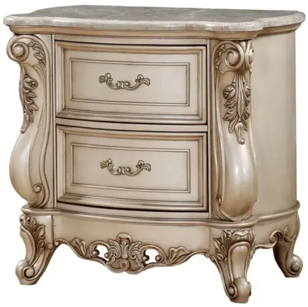 Two Drawers Mirrored Nightstand - Antiqued White
