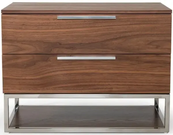 Contemporary Nightstand With Two Drawers - Walnut And Stainless Steel