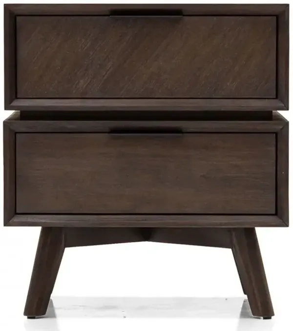 Mid Century Acacia Nightstand With Two Drawers And Black Metal Handles - Dark Brown