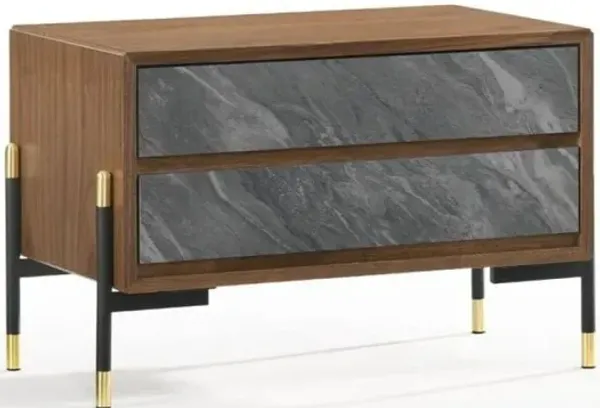 Mid Century Faux Marble Two Drawer Nightstand - Walnut And Gray