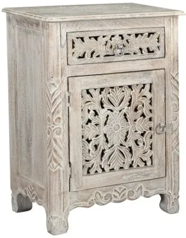 One Drawer Floral Carved Solid Wood Nightstand - Distressed White