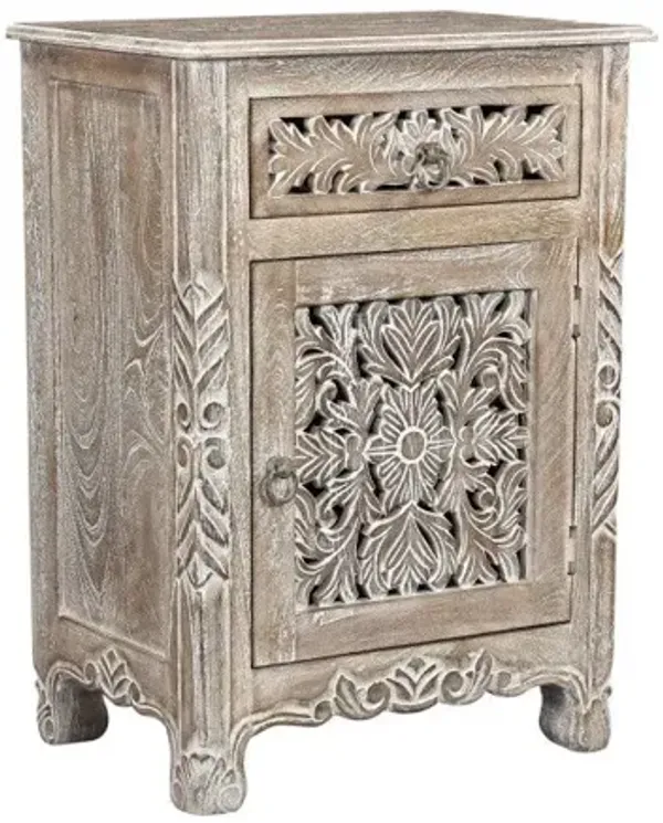 One Drawer One Door Floral Carved Nightstand - Gray