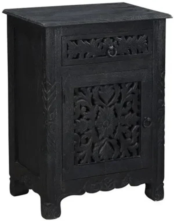 One Drawer Floral Carved Solid Wood Nightstand - Distressed Black