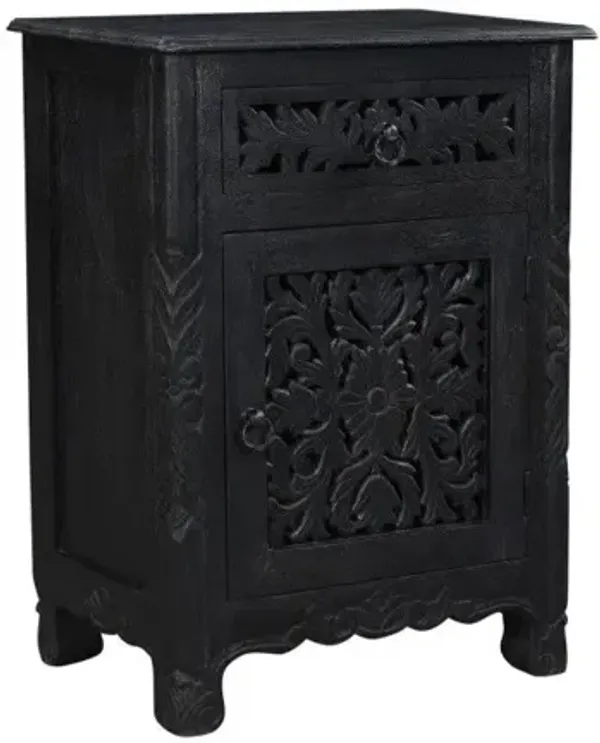 One Drawer Carved Floral Solid Wood Nightstand - Distressed Black