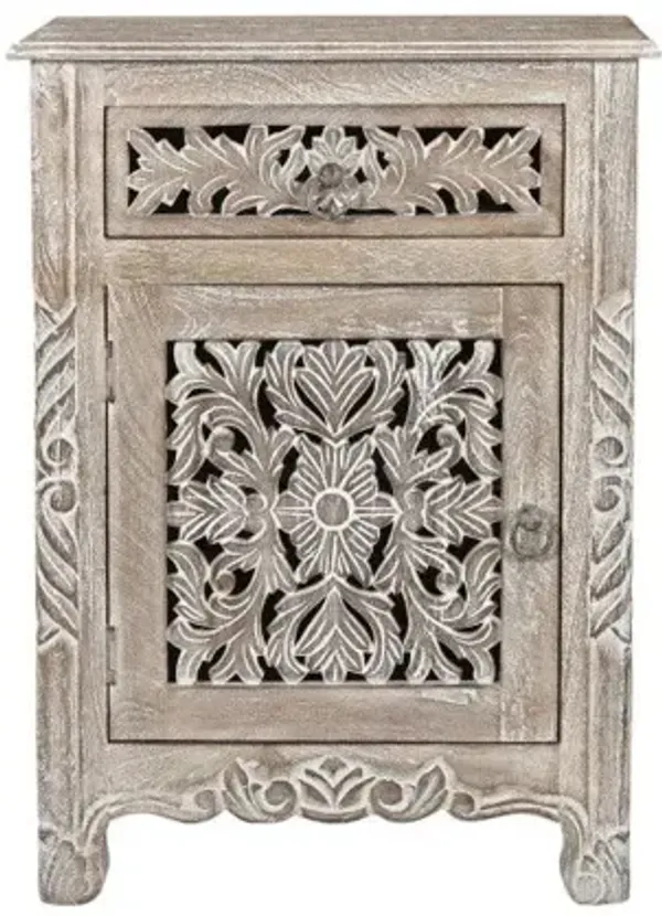 One Drawer Carved Floral Solid Wood Nightstand - Distressed Gray