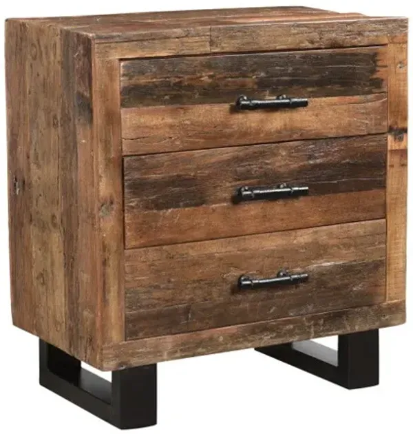 Three Drawer Wood And Metal Nightstand - Distressed Dark Brown