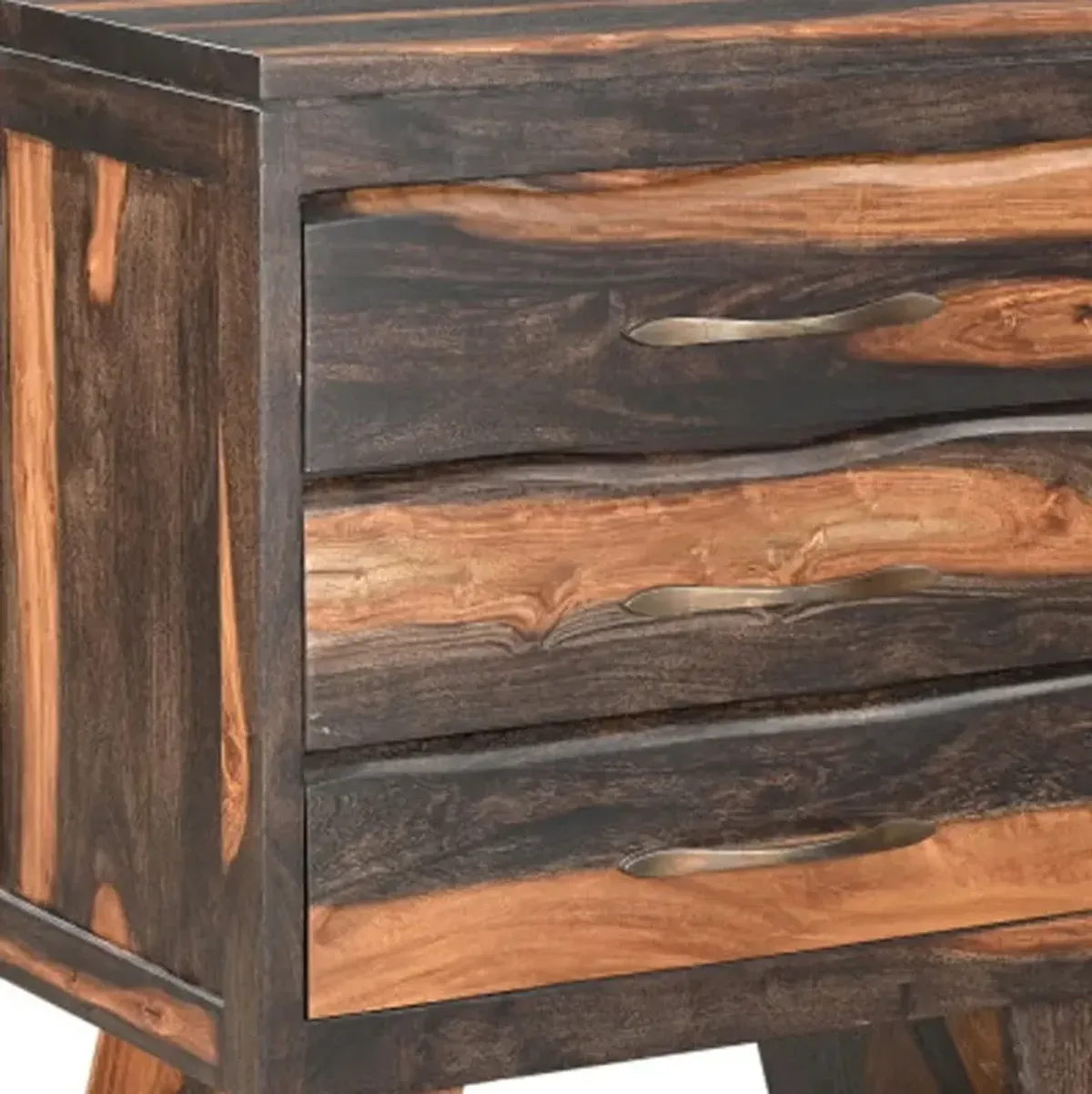 Three Drawer Live Edge Solid Wood Nightstand - Dark Brown
