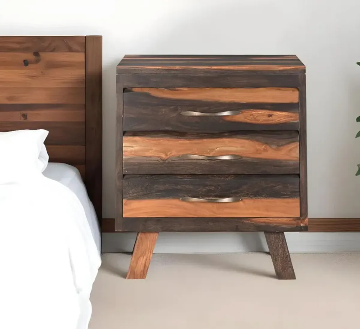 Three Drawer Live Edge Solid Wood Nightstand - Dark Brown