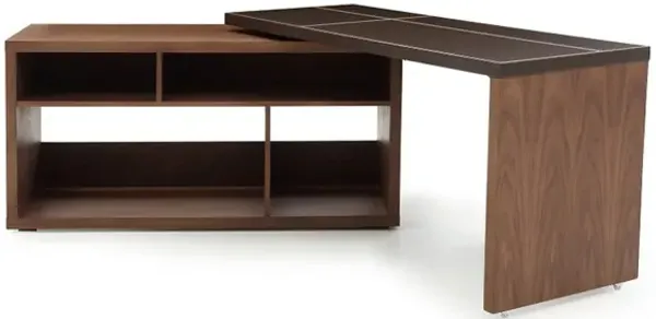 Veneer L Shaped Desk With A Leather Top - Walnut And Brown
