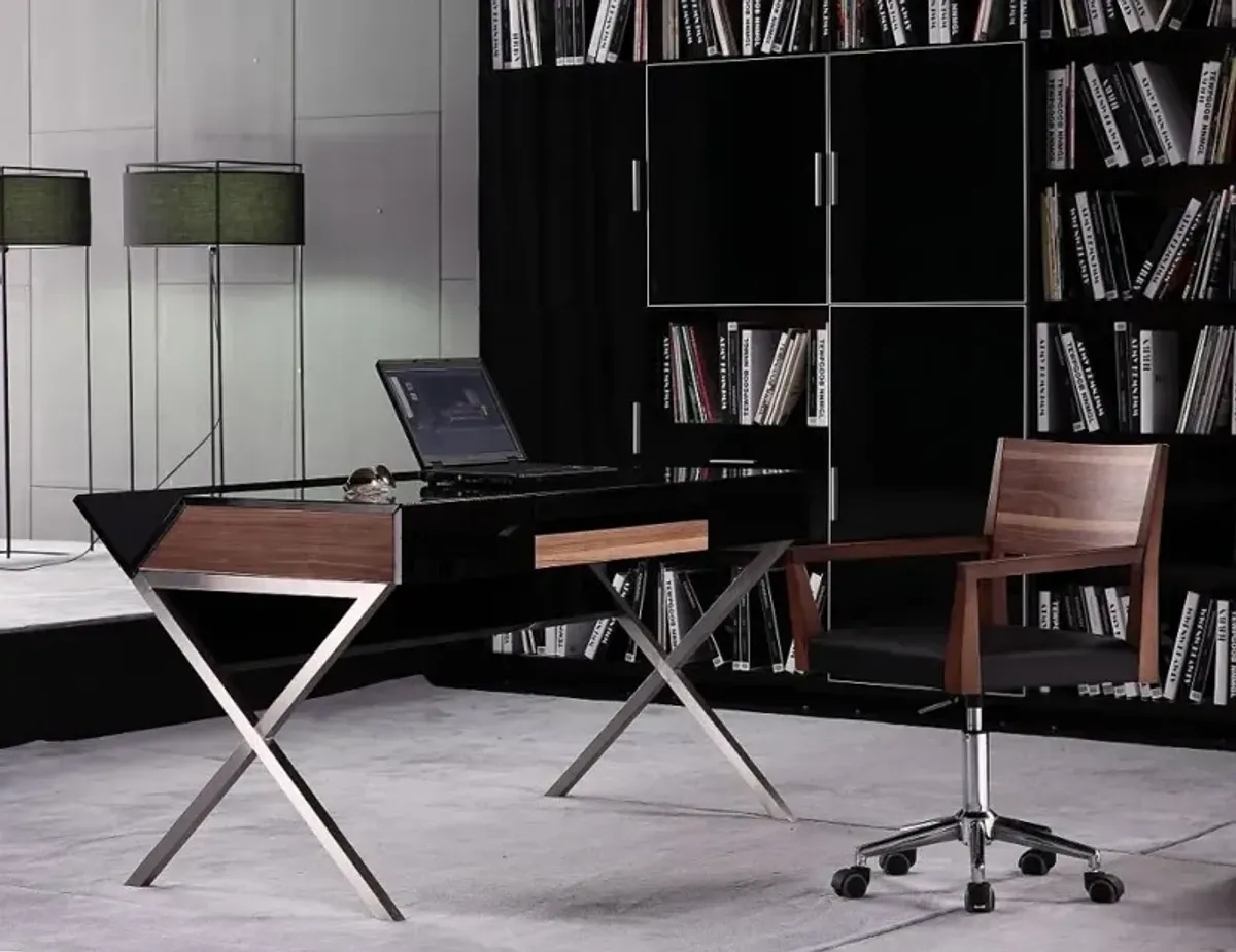 Veneer And Stainless Steel Office Desk - Brown and Black