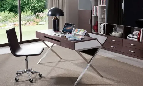 Veneer And Stainless Steel Office Desk - Brown Oak And Gray