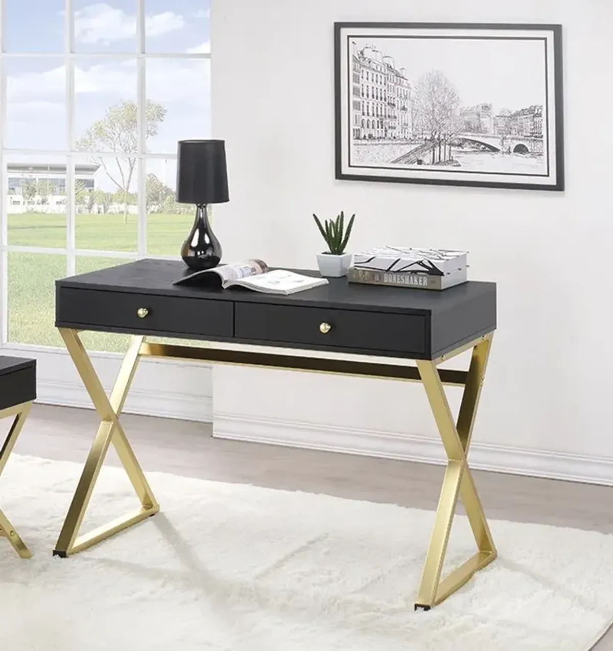 Writing Desk With Two Drawers - Black And Brass