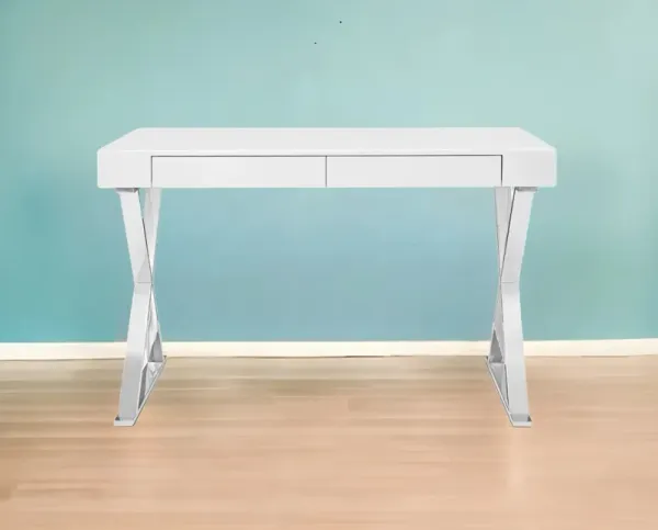 47" x 22" x 29" Writing Desk With Two Drawers - White And Silver