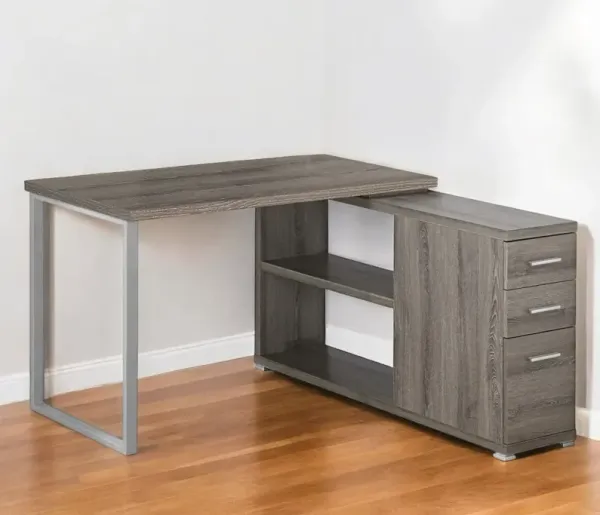 47" L Shape Computer Desk With Three Drawers - Taupe And Silver