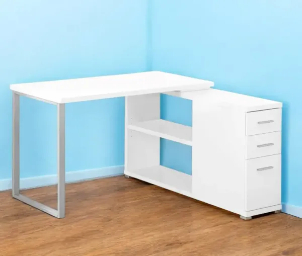 L Shape Computer Desk With Three Drawers - White And Silver