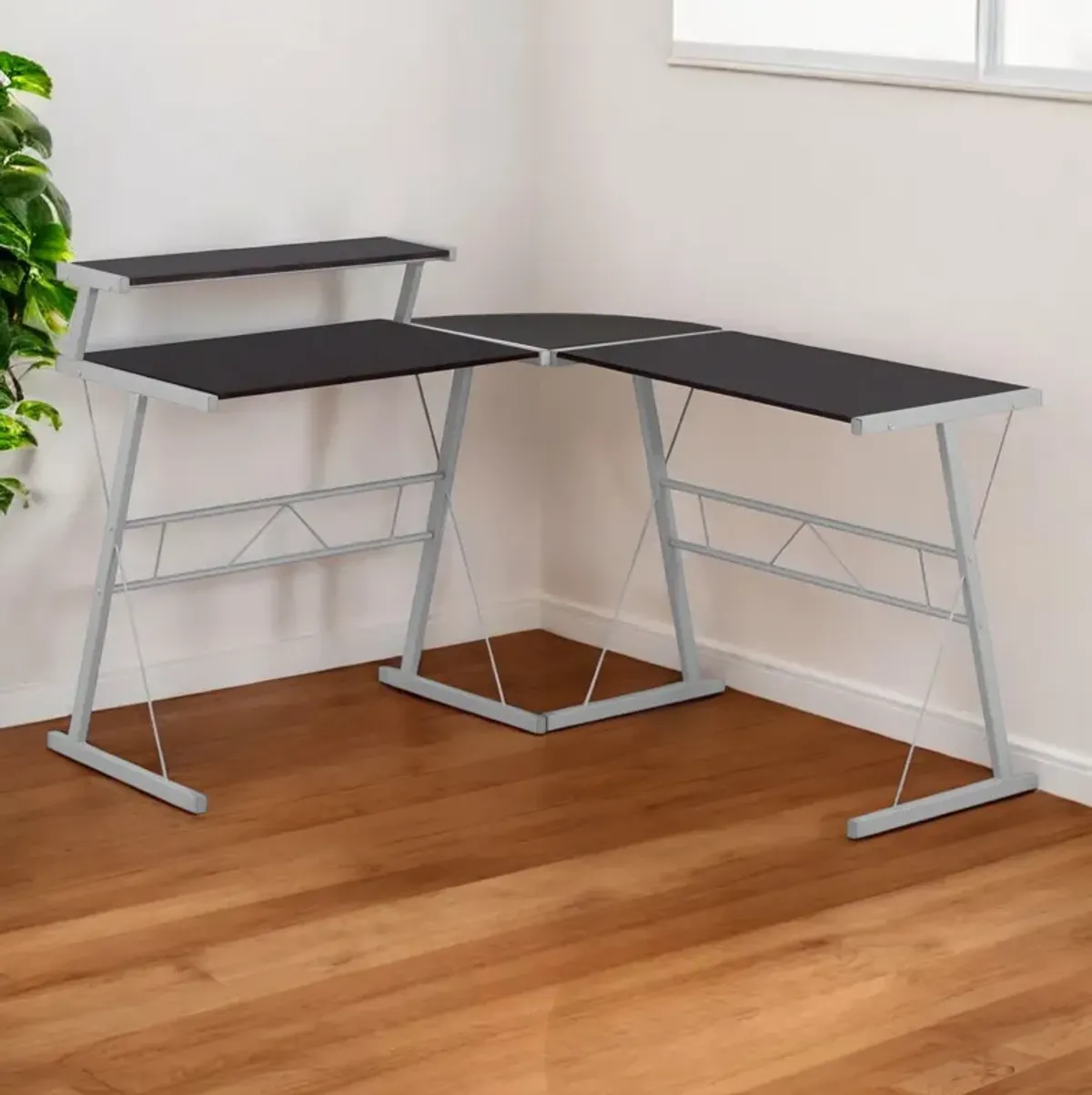 L Shape Computer Desk - Dark Brown And Silver