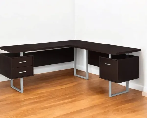 L Shape Computer Desk With Three Drawers - Brown And Silver