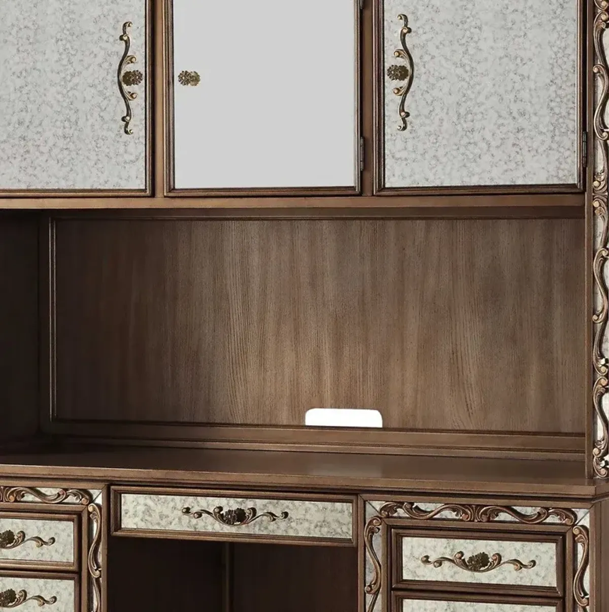 Mirrored Computer Desk With Hutch With Three Cabinets Seven Drawers - Gold