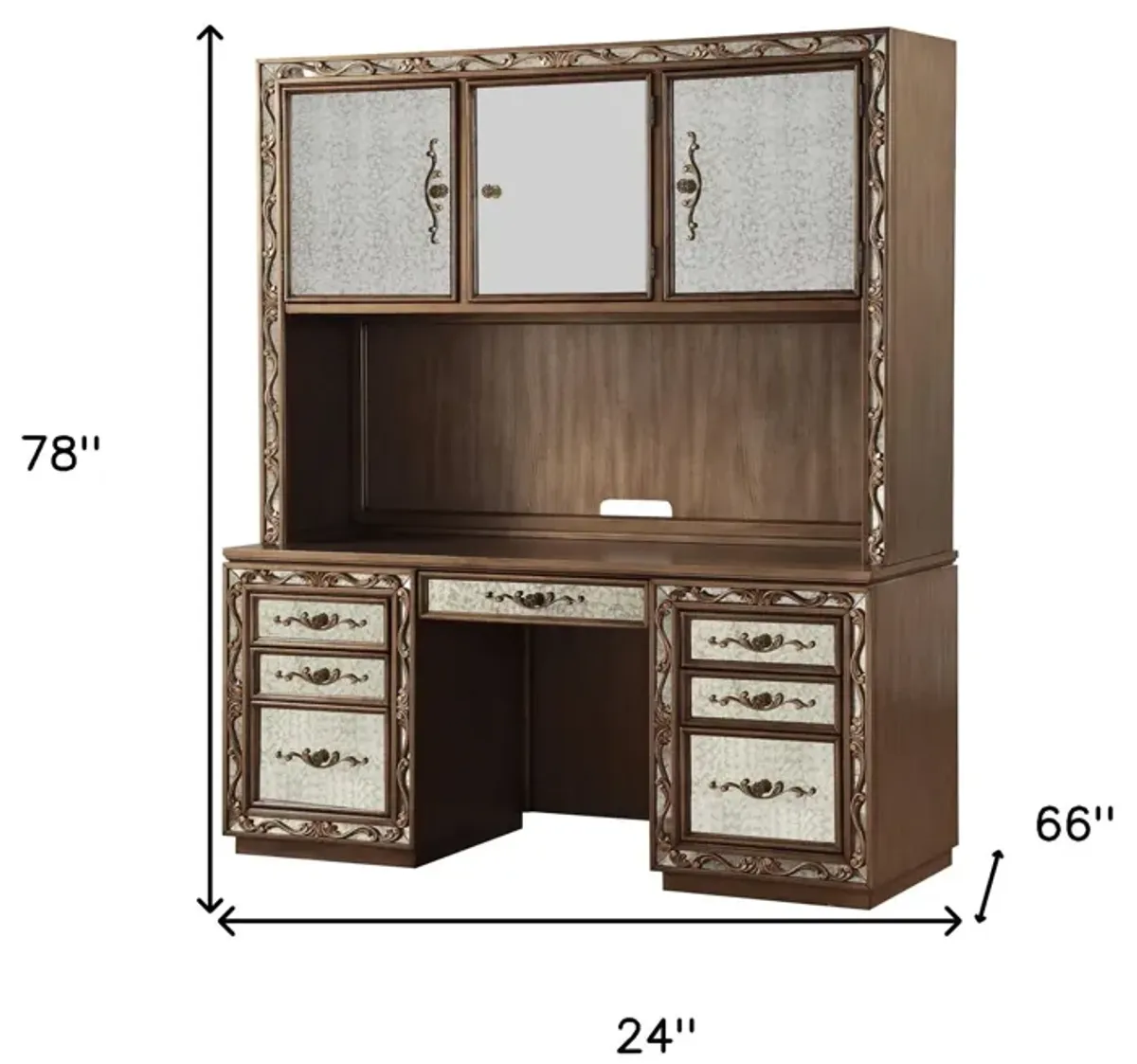 Mirrored Computer Desk With Hutch With Three Cabinets Seven Drawers - Gold