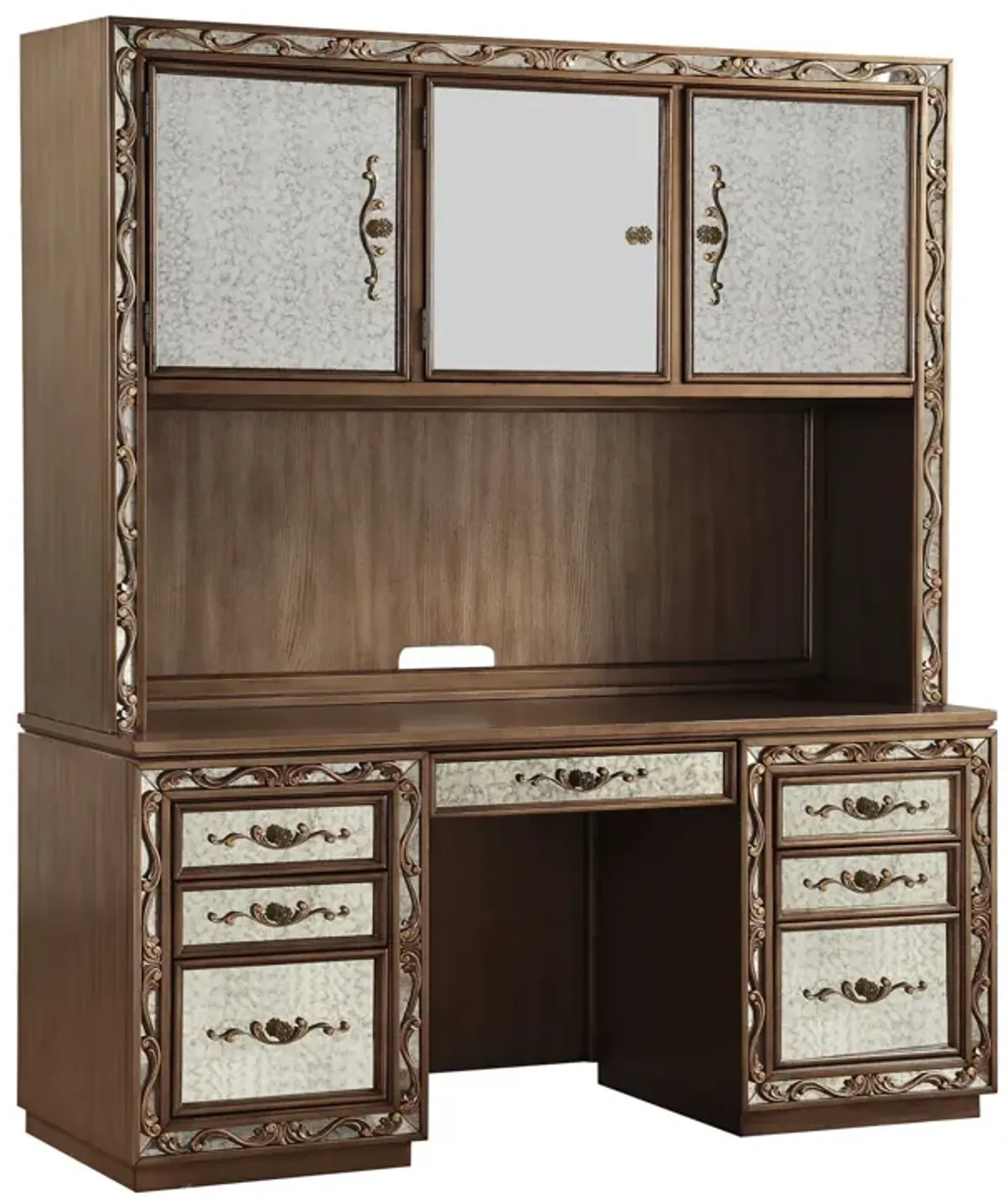 Mirrored Computer Desk With Hutch With Three Cabinets Seven Drawers - Gold