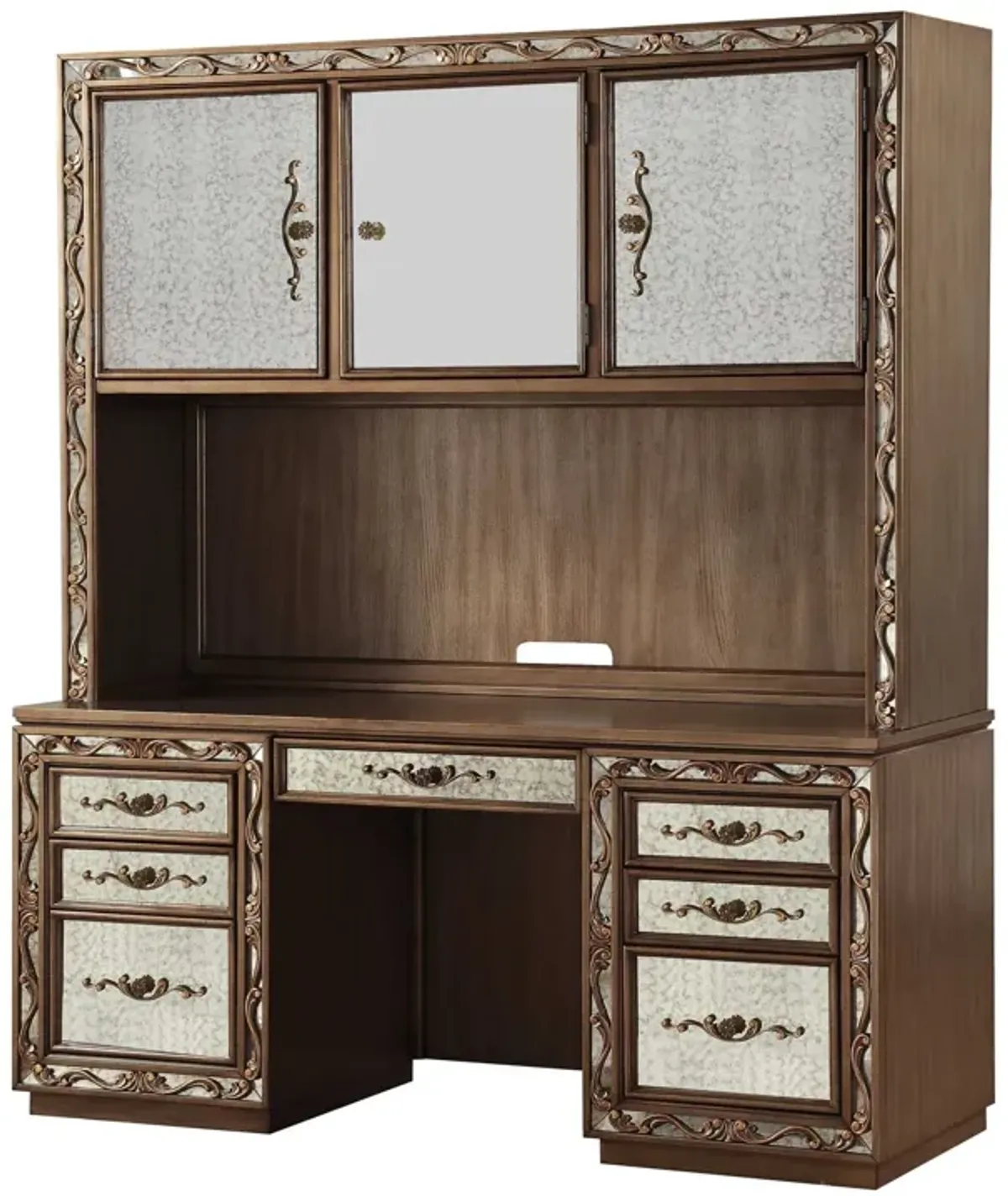 Mirrored Computer Desk With Hutch With Three Cabinets Seven Drawers - Gold